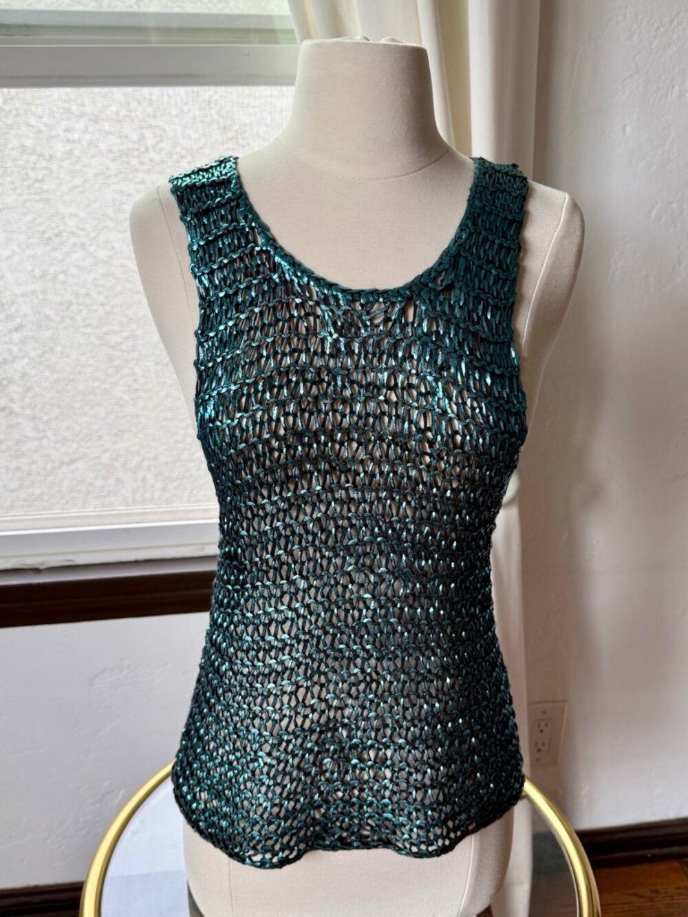 CHASOR Teal Metallic Open-Knit Scoop-Back Tank Top S